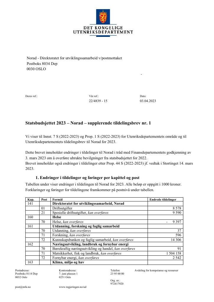 Forsiden av dokumentet Tildelingsbrev Norad 2023 - tillegg nr. 1