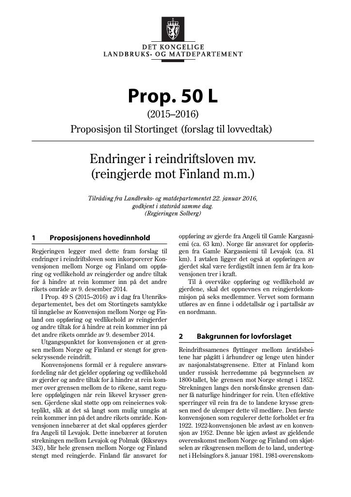 Forsiden av dokumentet Prop. 50 L (2015–2016)