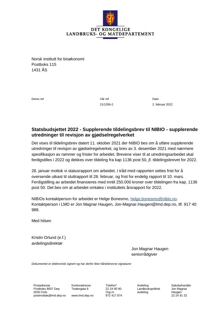 Forsiden av dokumentet Tildelingsbrev Norsk institutt for bioøkonomi - NIBIO 2022 - tillegg