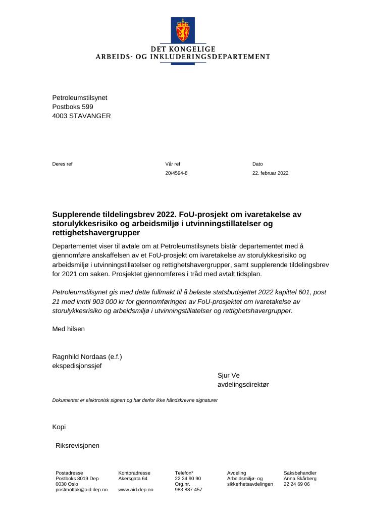 Forsiden av dokumentet Tildelingsbrev Petroleumstilsynet 2022 - tillegg nr. 1