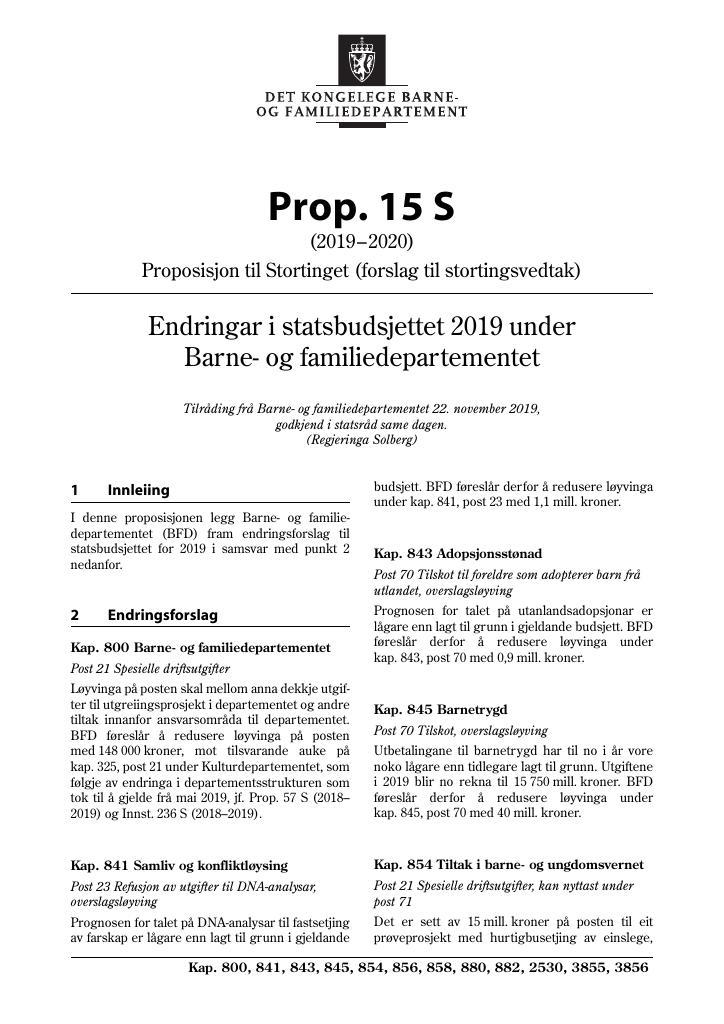 Forsiden av dokumentet Prop. 15 S (2019–2020)