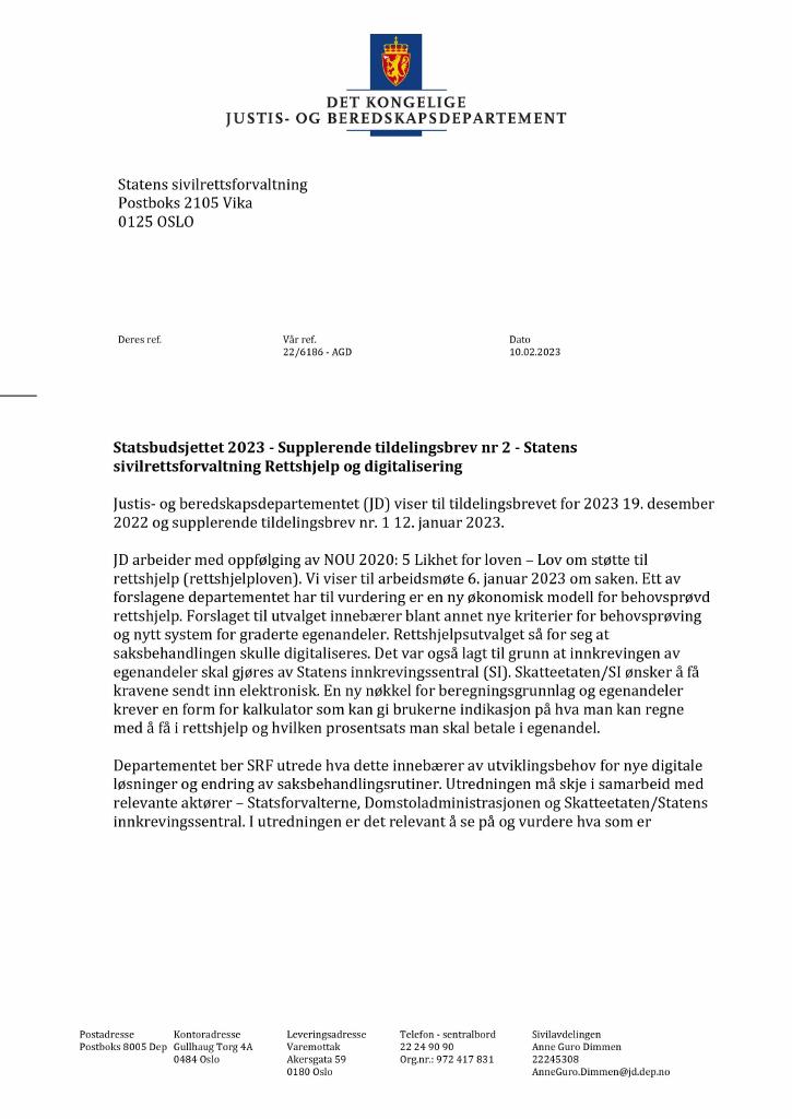 Forsiden av dokumentet Tildelingsbrev Statens sivilrettsforvaltning 2023 - tillegg nr. 2
