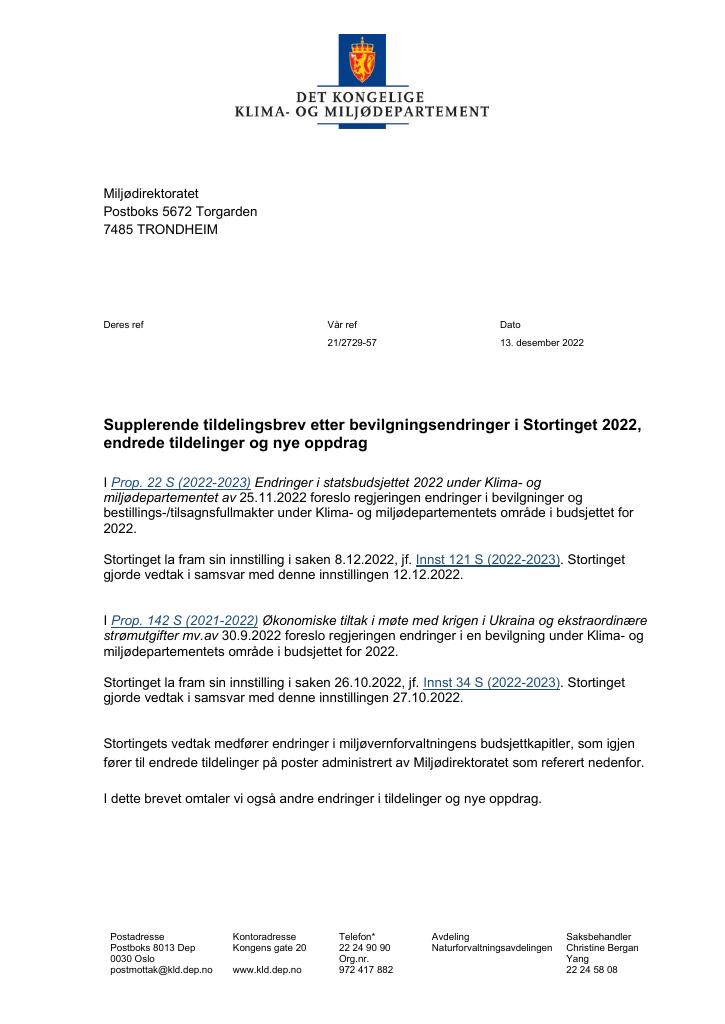 Forsiden av dokumentet Tildelingsbrev Miljødirektoratet 2022 - tillegg