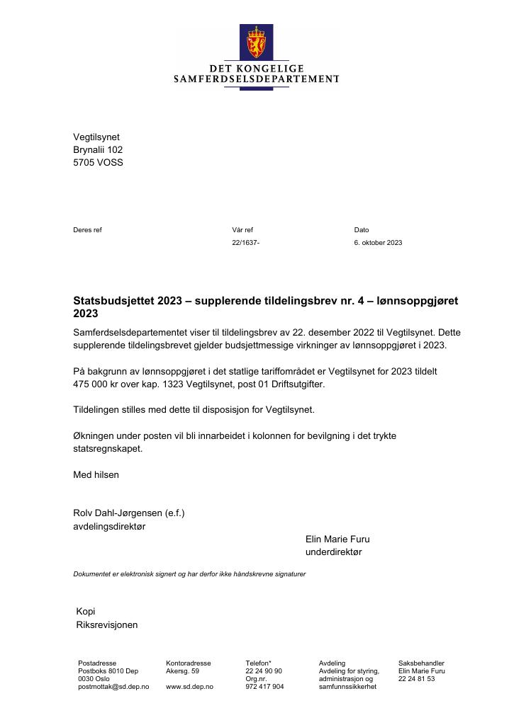 Forsiden av dokumentet Tildelingsbrev Vegtilsynet 2023 - tillegg nr. 4