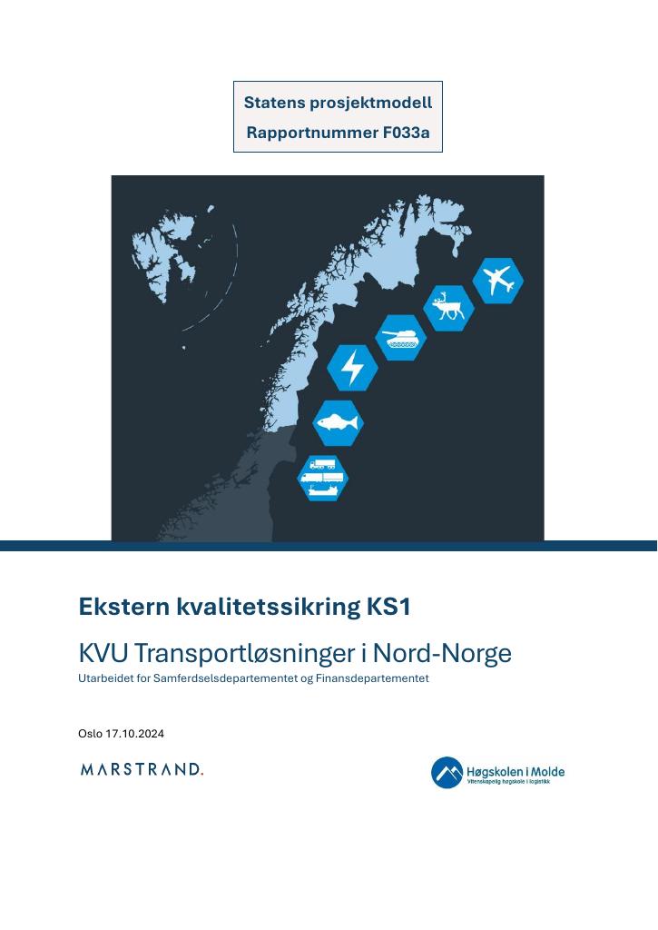 Forsiden av dokumentet Ekstern kvalitetssikring av konseptvalgutredningene (KS1) for Nord-Norgebanen og for transportløsninger i Nord-Norge