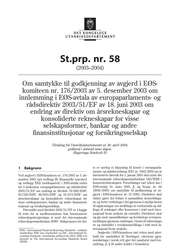 Forsiden av dokumentet St.prp. nr. 58 (2003-2004)