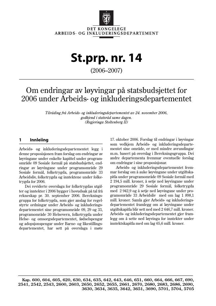 Forsiden av dokumentet St.prp. nr. 14 (2006-2007)