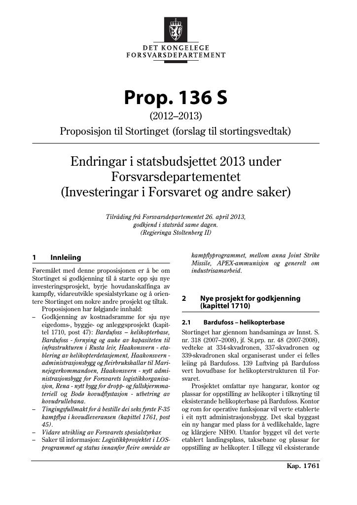 Forsiden av dokumentet Prop. 136 S (2012–2013)