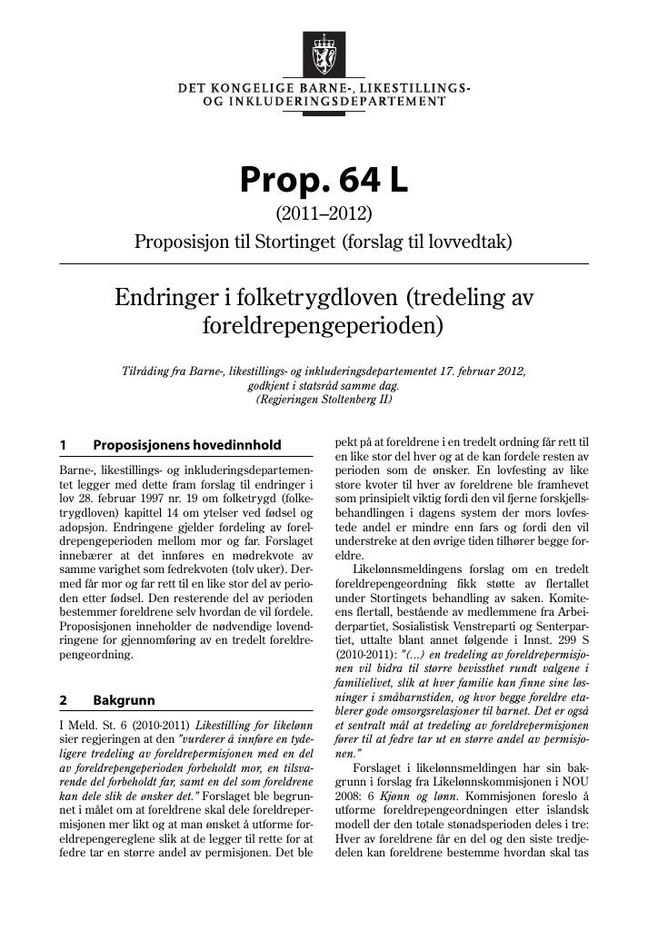 Forsiden av dokumentet Prop. 64 L (2011–2012)
