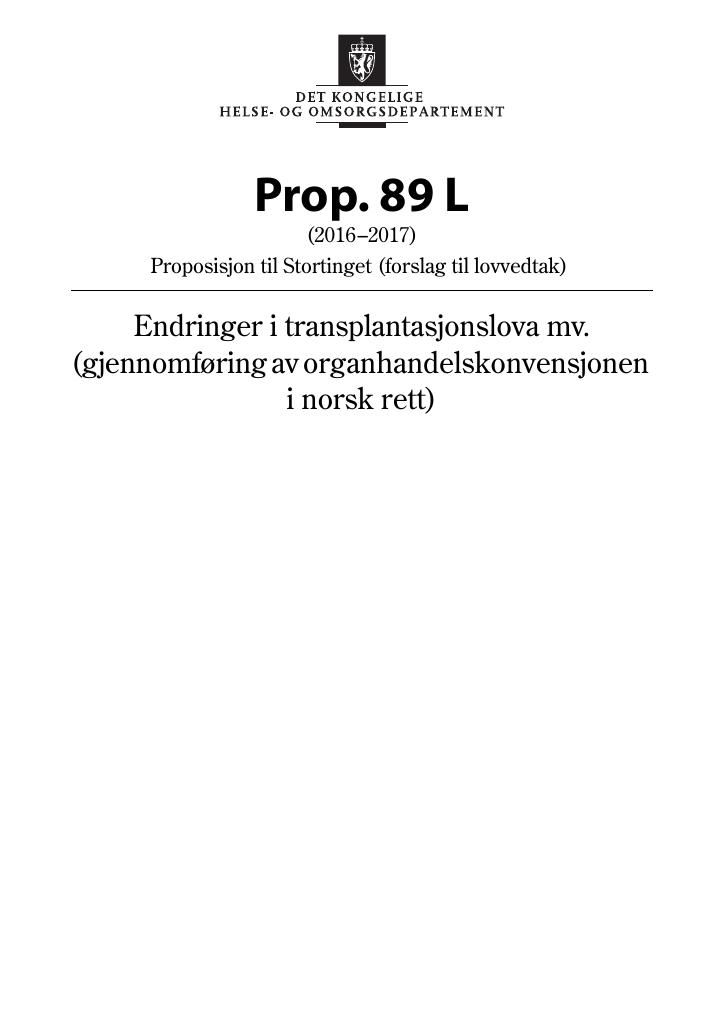 Forsiden av dokumentet Prop. 89 L (2016–2017)