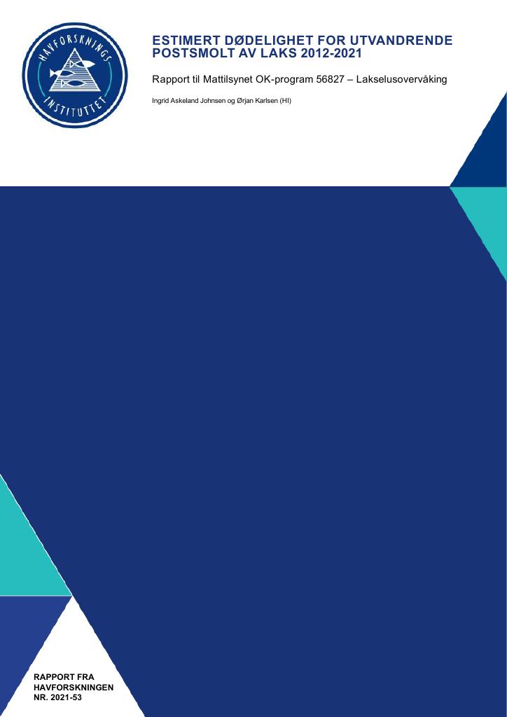 Forsiden av dokumentet Estimert dødelighet for utvandrende postsmolt av laks 2012-2021