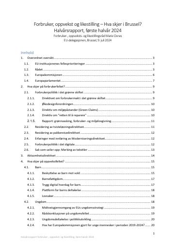 Forsiden av dokumentet Halvårsrapport fra EU-delegasjonen - utvikling innen forbruker-, oppvekst- og likestillingssaker, første halvår 2024