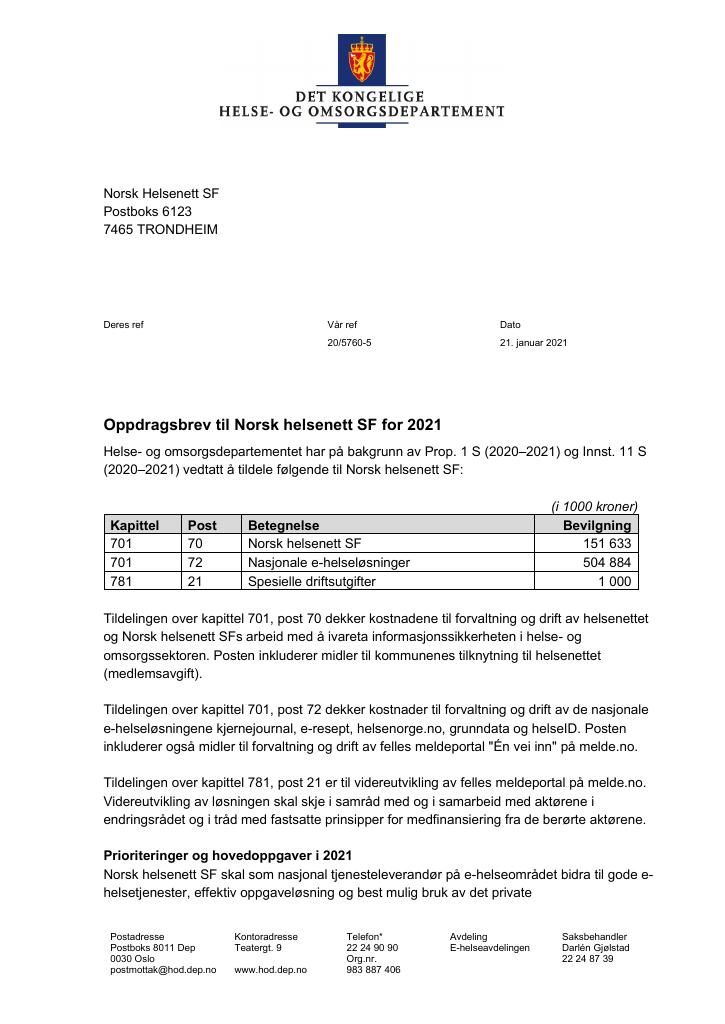 Forsiden av dokumentet Tildelingsbrev Norsk helsenett SF 2021
