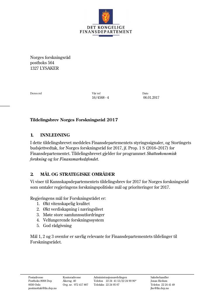 Forsiden av dokumentet Tildelingsbrev (pdf)