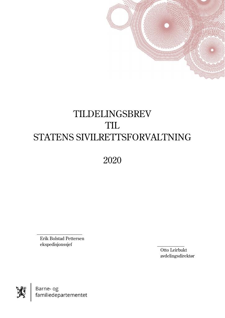 Forsiden av dokumentet Tildelingsbrev Statens sivilrettsforvaltning 2020