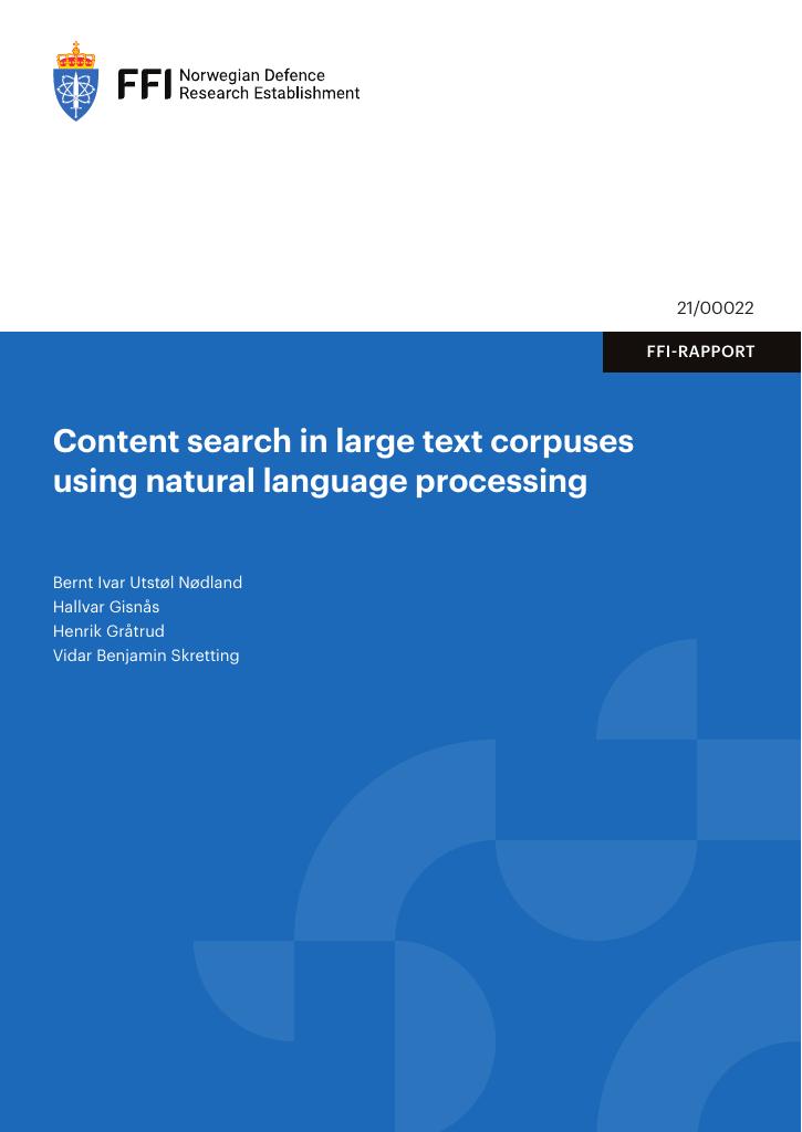 Forsiden av dokumentet Content search in large text corpuses using natural language processing