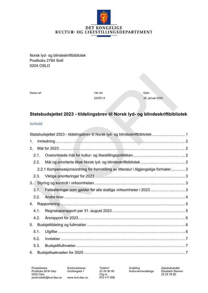 Forsiden av dokumentet Tildelingsbrev Norsk lyd- og blindeskriftbibliotek 2023 - kopi