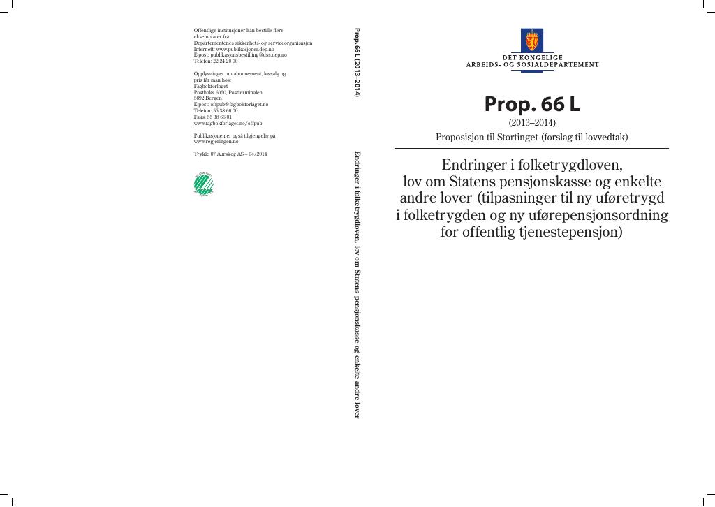 Forsiden av dokumentet Prop. 66 L (2013–2014)