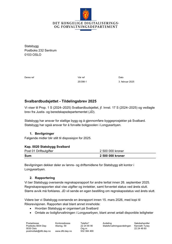 Forsiden av dokumentet Tildelingsbrev Statsbygg 2025