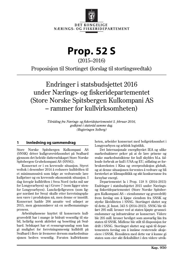 Forsiden av dokumentet Prop. 52 S (2015–2016)