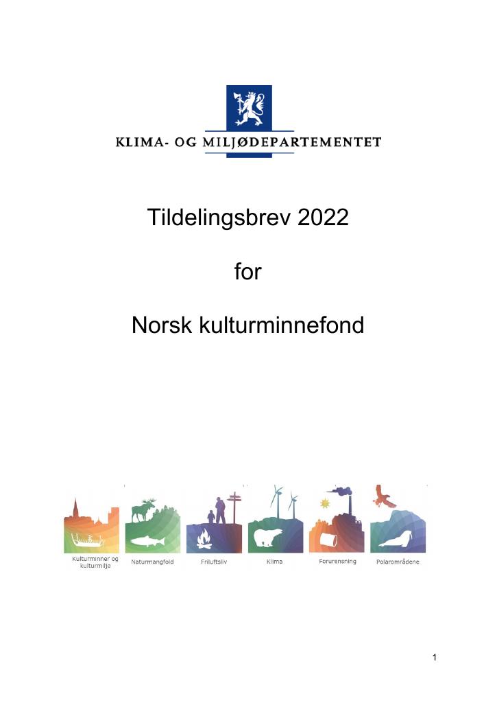 Forsiden av dokumentet Tildelingsbrev Norsk kulturminnefond 2022