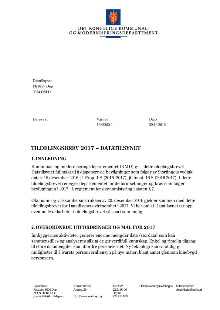 Forsiden av dokumentet Tildelingsbrev (pdf)