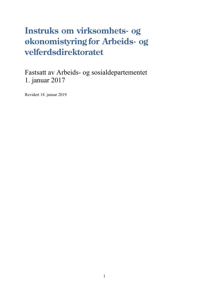 Forsiden av dokumentet Instruks om virksomhets- og økonomistyring for Arbeids- og velferdsdirektoratet 2017 (PDF)