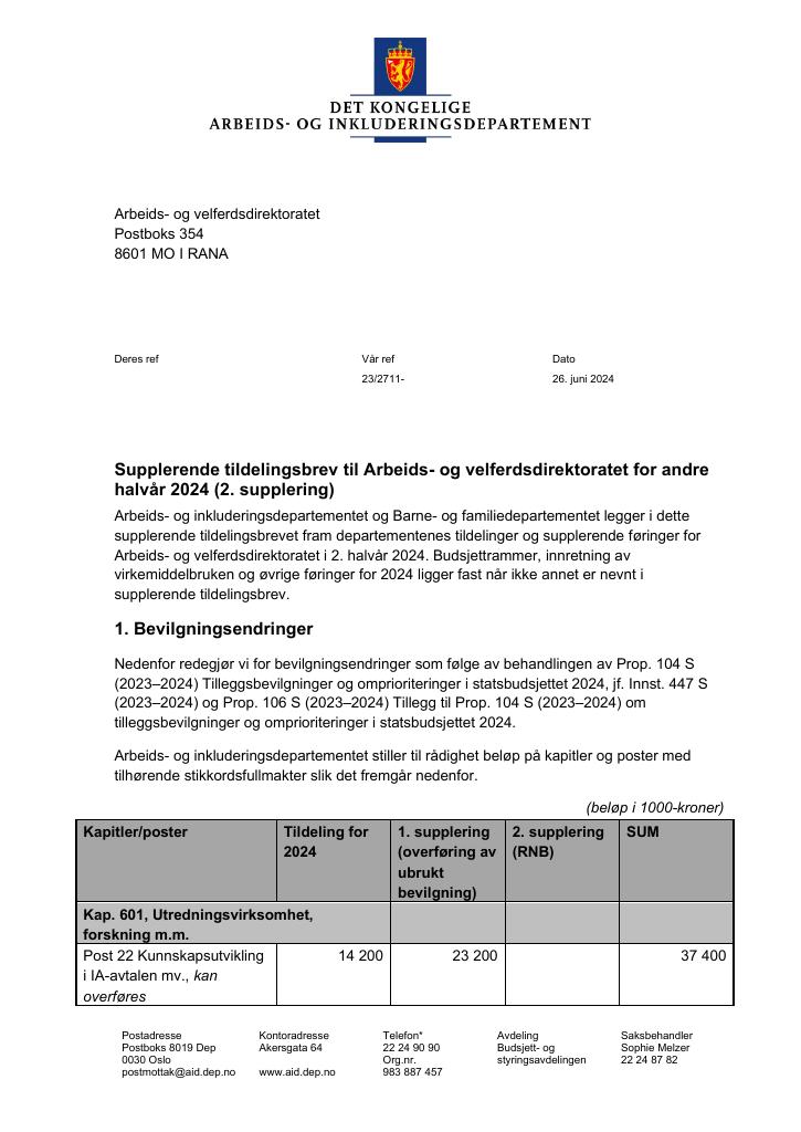 Forsiden av dokumentet Tildelingsbrev Arbeids- og velferdsdirektoratet 2024 - tillegg nr. 2