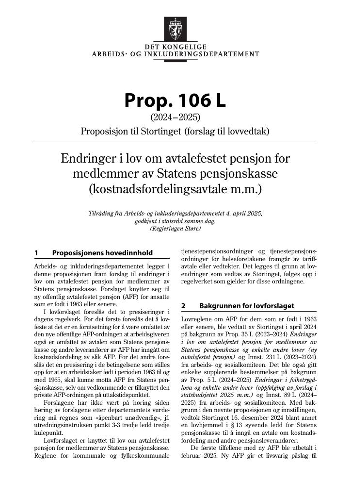 Forsiden av dokumentet Prop. 106 L (2024–2025)