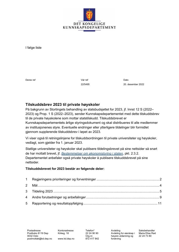 Forsiden av dokumentet Tilskuddsbrev til private høyskoler 2023
