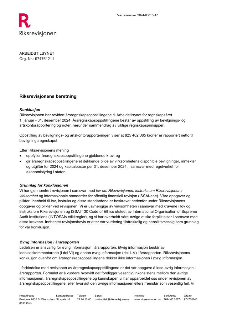 Forsiden av dokumentet Revisjonsberetning Arbeidstilsynet 2024
