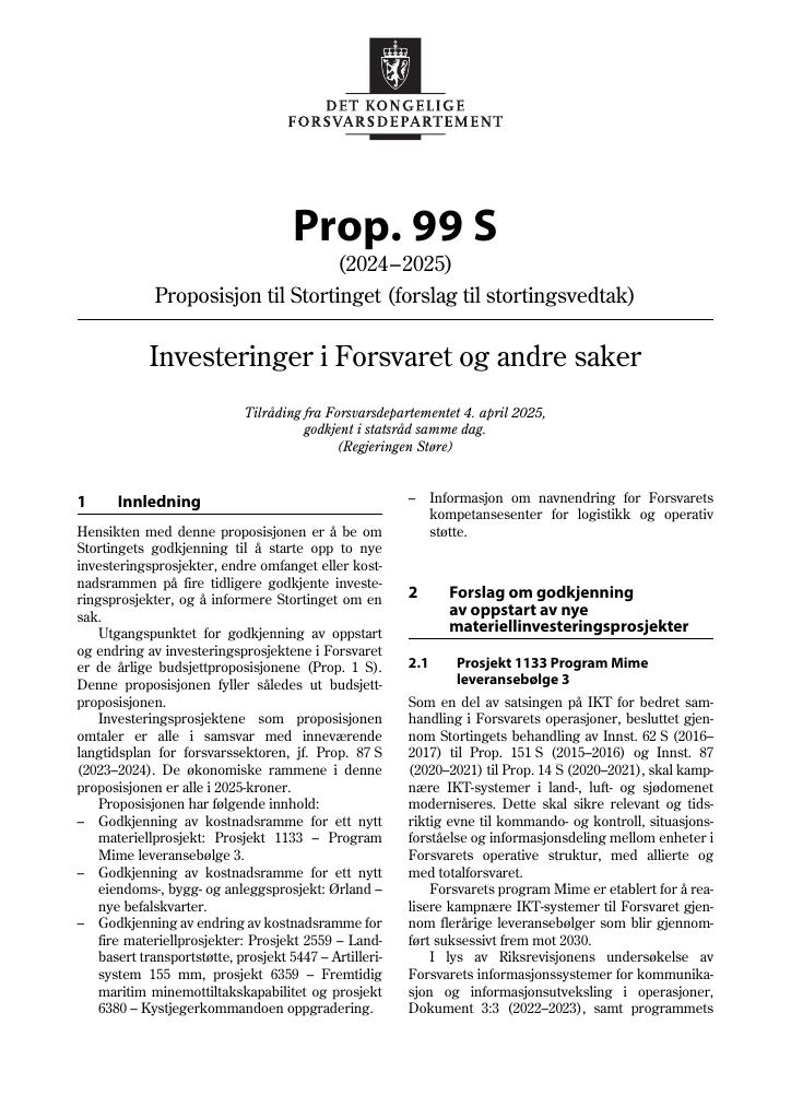 Forsiden av dokumentet Prop. 99 S (2024–2025)
