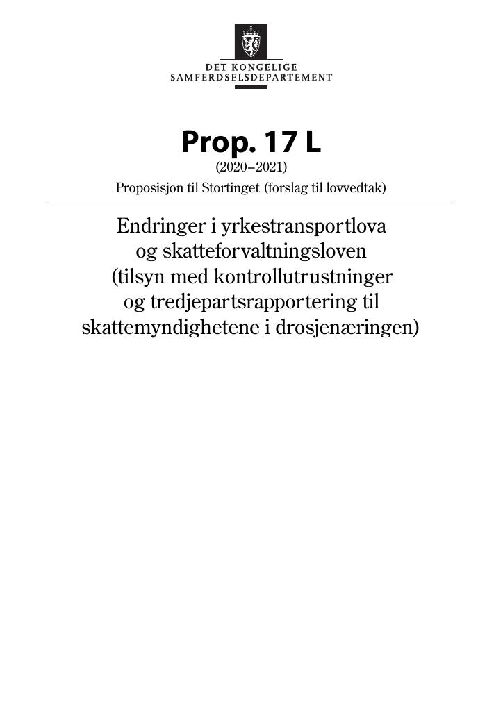 Forsiden av dokumentet Prop. 17 L (2020–2021)