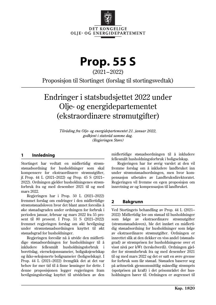 Forsiden av dokumentet Prop. 55 S (2021–2022)