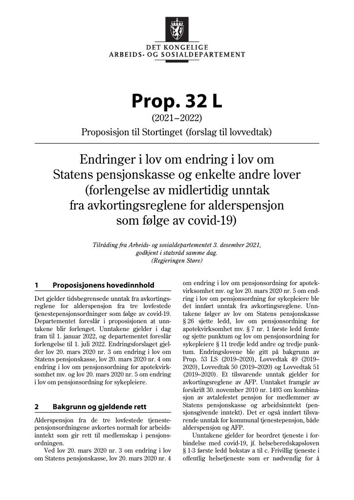 Forsiden av dokumentet Prop. 32 L (2021–2022)