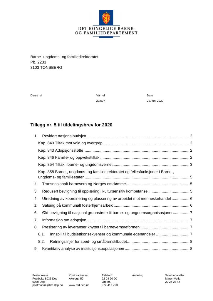 Forsiden av dokumentet Tildelingsbrev Bufdir 2020 - tillegg nr. 5