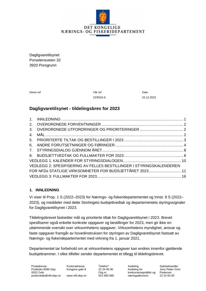 Forsiden av dokumentet Tildelingsbrev Dagligvaretilsynet 2023