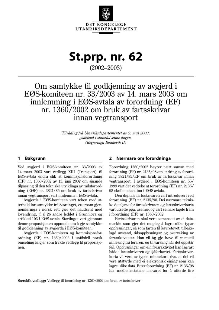 Forsiden av dokumentet St.prp. nr. 62 (2002-2003)