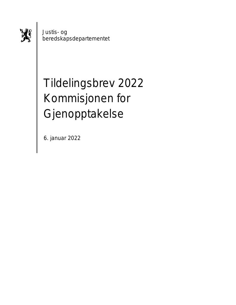 Forsiden av dokumentet Tildelingsbrev Kommisjonen for gjenopptakelse 2022