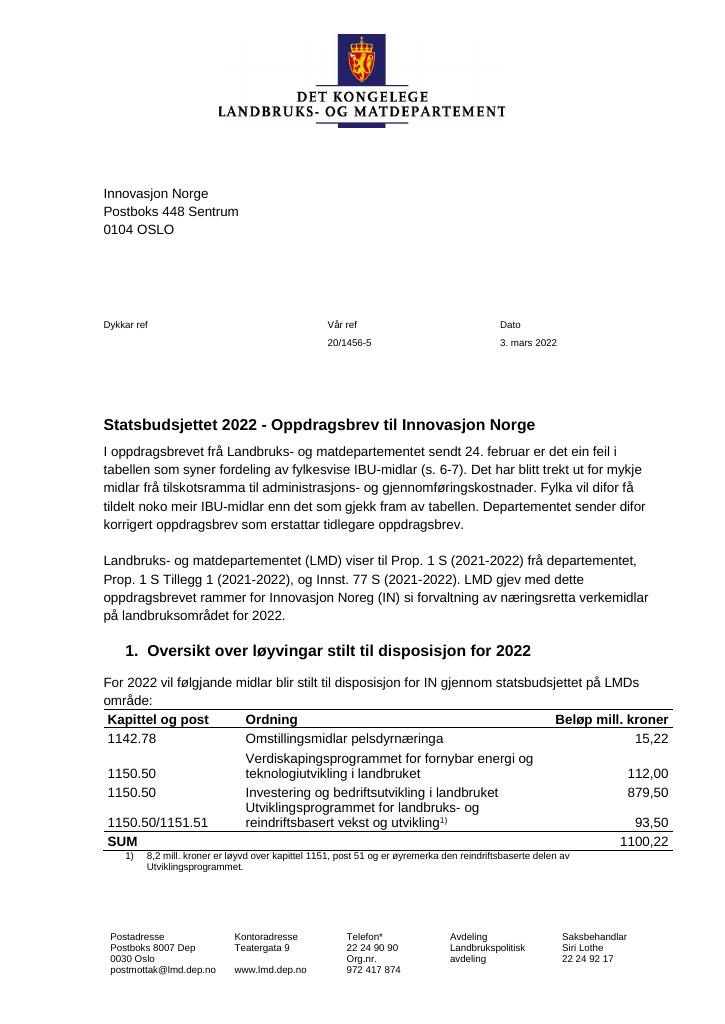 Forsiden av dokumentet Korrigert oppdragsbrev Innovasjon Norge 2022