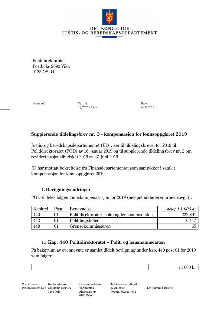 Forsiden av dokumentet Supplerende tildelingsbrev nr. 3 Politidirektoratet 2019