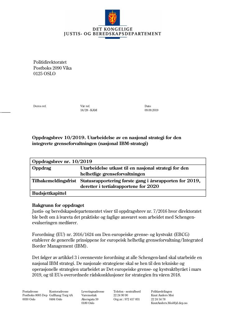 Forsiden av dokumentet Tildelingsbrev Politidirektoratet 2019 - tillegg nr. 10