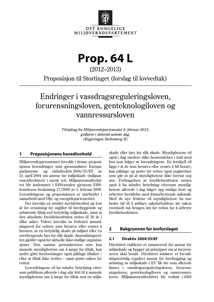 Forsiden av dokumentet Prop. 64 L (2012–2013)