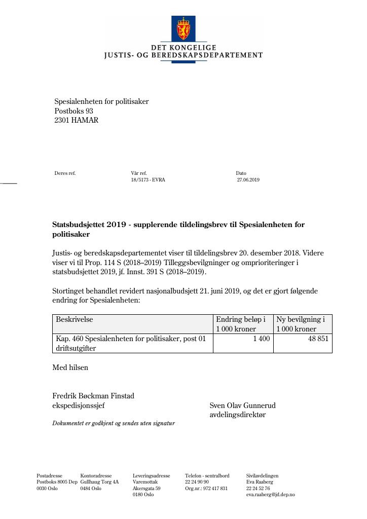 Forsiden av dokumentet Supplerende tildelingsbrev nr. 1 Spesialenheten for politisaker 2019
