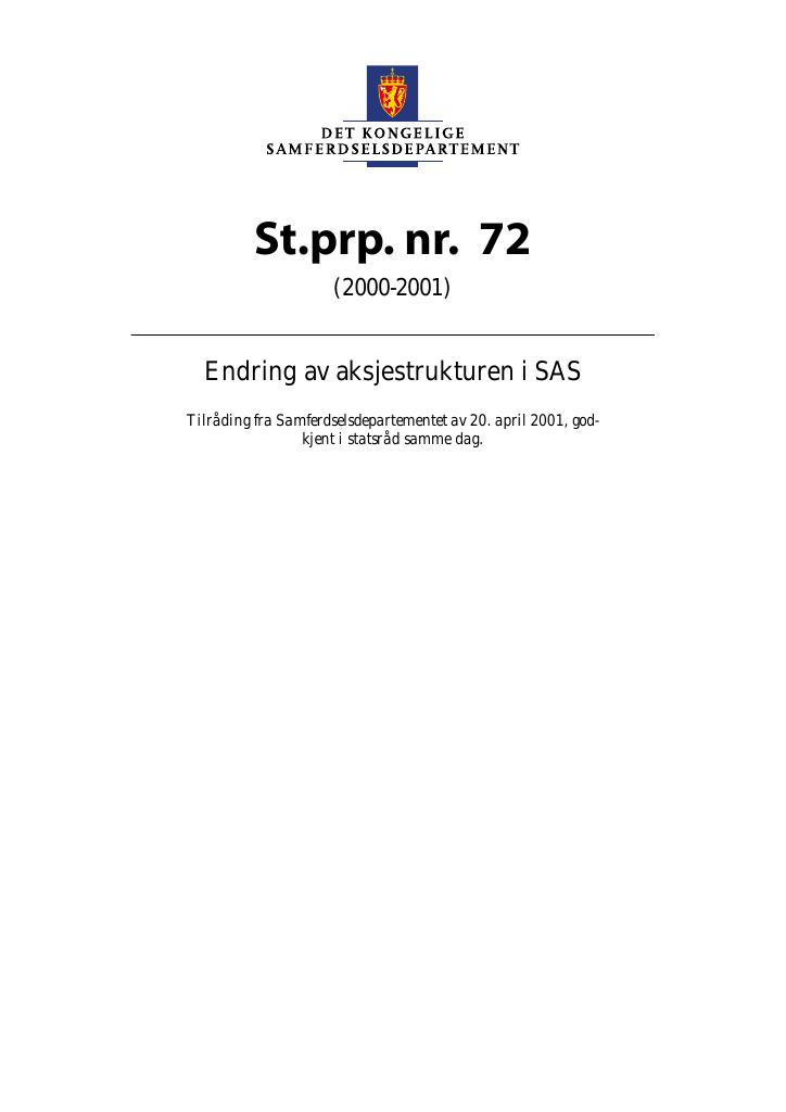 Forsiden av dokumentet St.prp. nr. 72 (2000-2001)