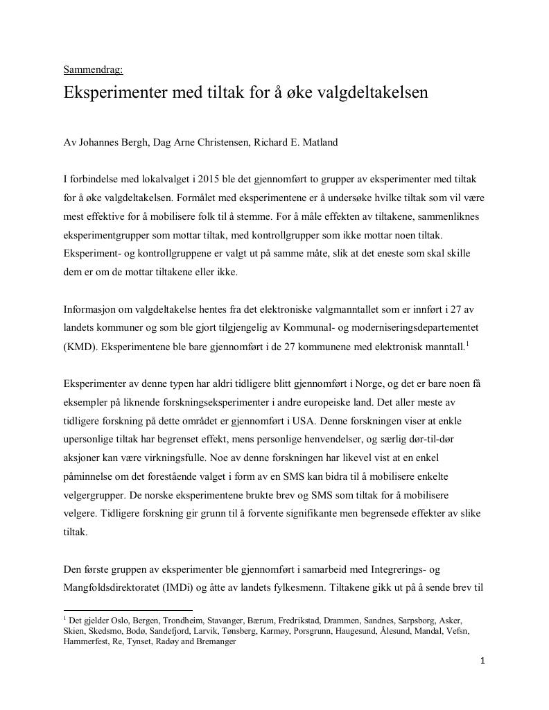 Forsiden av dokumentet Eksperimenter med tiltak for å øke valgdeltakelsen