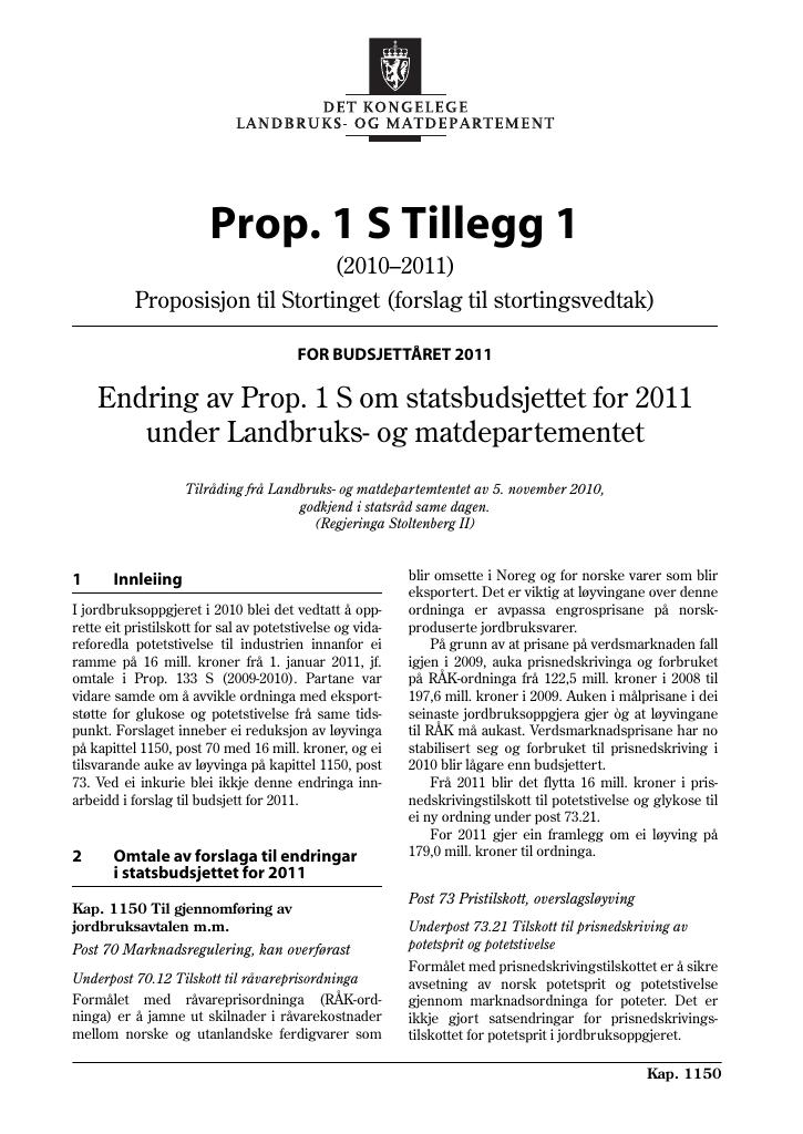 Forsiden av dokumentet Prop. 1 S Tillegg 1 (2010–2011)