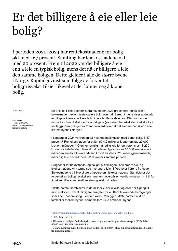 Forsiden av dokumentet Er det billigere å eie eller leie bolig?