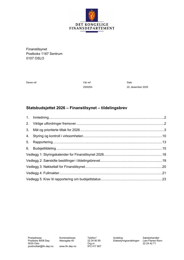 Forsiden av dokumentet Tildelingsbrev Finanstilsynet 2026