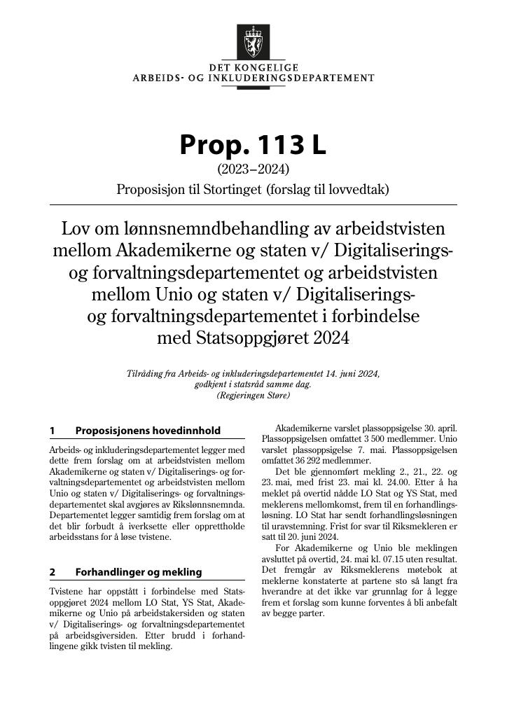 Forsiden av dokumentet Prop. 113 L (2023–2024)